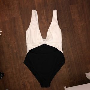 Black and white bow tie one piece bathing suit